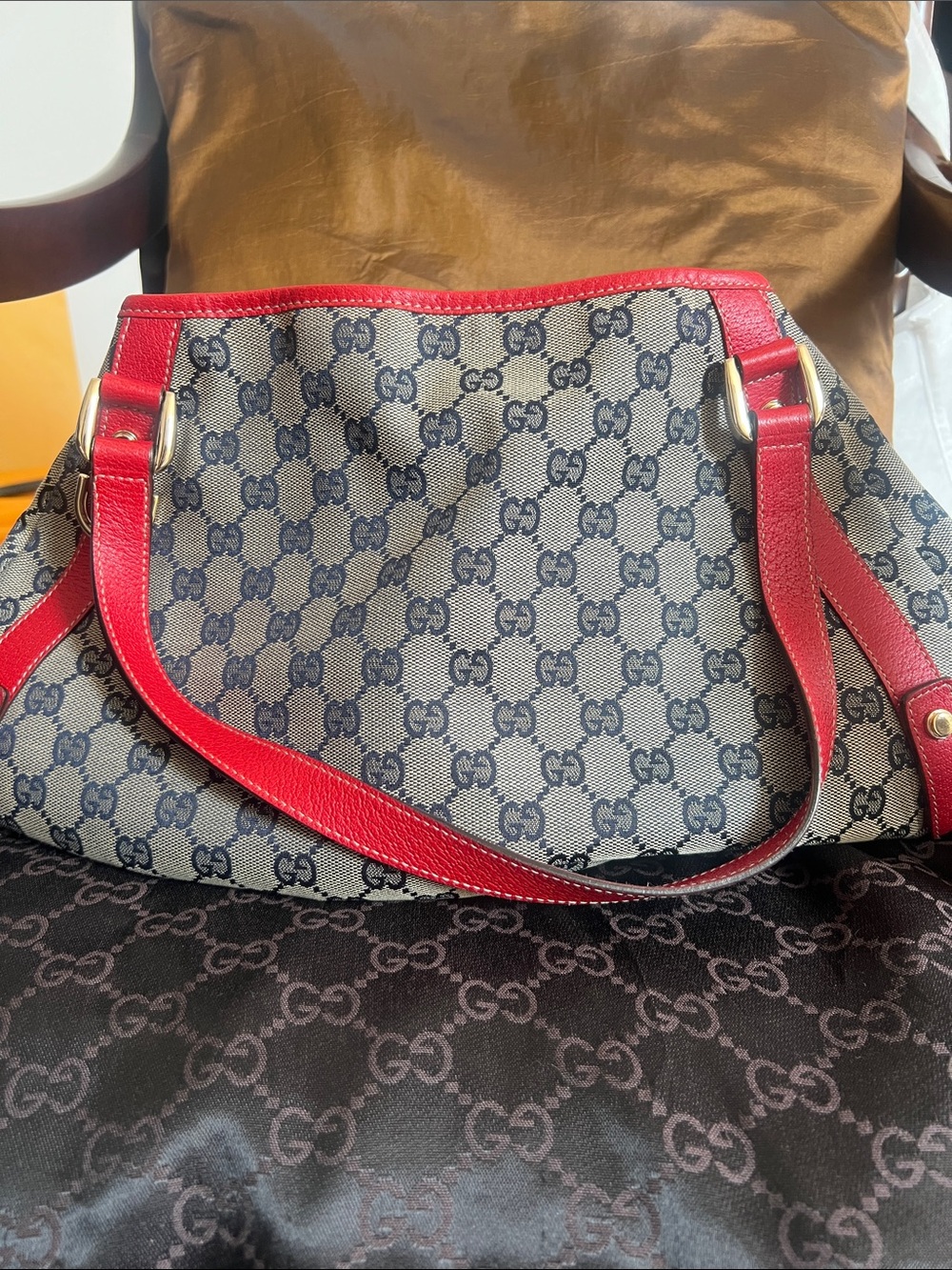 Gucci Beige with blue GG Canvas Shoulder Bag with Red Leather Trim. - Picture 3 of 8